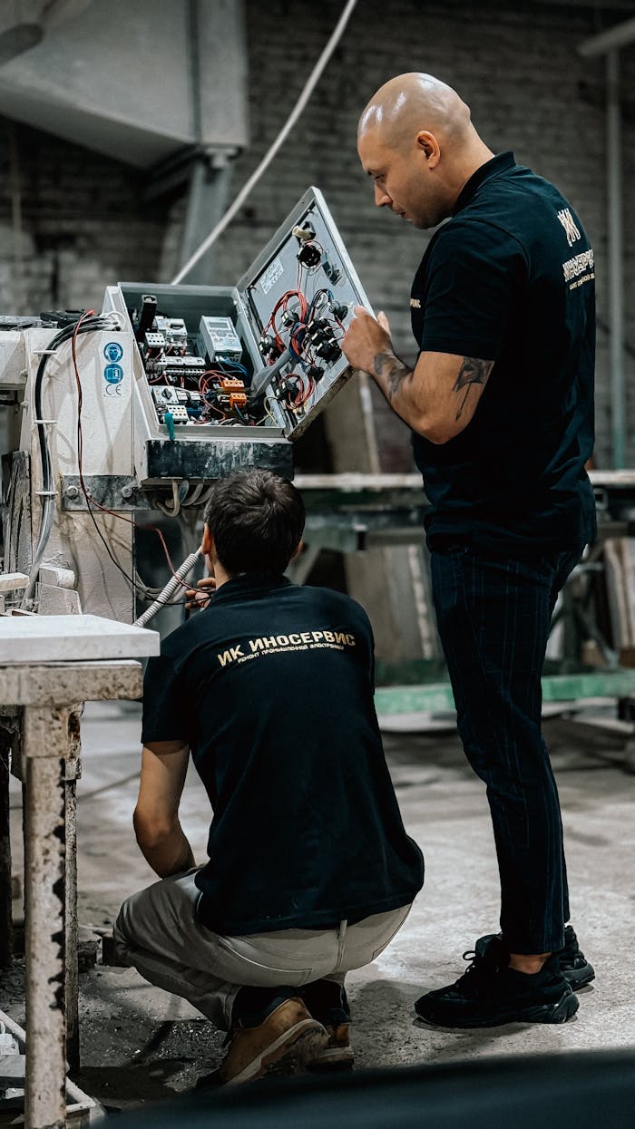 about-02 Two technicians repairing industrial machinery indoors, one standing, one kneeling.